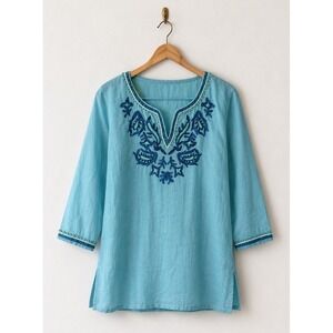 Journal Embroidered Tunic Women 6 Turquoise Blue Beaded Boho Cotton Top Cottage
